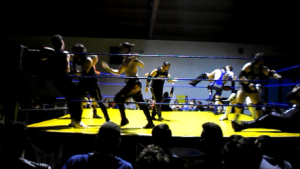 Nella foto, in alto: un'immagine della Battle Royal con tredici uomini sul ring